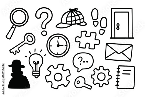 Mystery Doodle Icons. Hand-drawn doodle illustration mystery conundrum magnifying glass, question mark, detective hat, footprints,