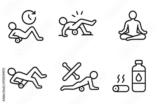 Foam Roller Tips Icons. Outline icon set of foam roller usage tips: start slow, target sore spots, roll evenly, use with yoga,