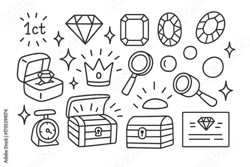 Jewelry Icons Collection. Hand-drawn doodle illustration gemstone carat weight diamond, ruby, emerald, sapphire, amethyst, pearl,