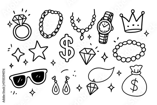 Jewelry and Accessories Icons. Hand-drawn doodle illustration bling diamond ring, gold chain, sparkling necklace, watch, crown,