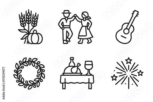 Peasant Festival Icons. Outline icon set of peasant celebrations: harvest festival, dancing couple, bonfire, musical instrument,