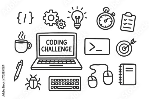 Coding Doodle Icons. Hand-drawn doodle illustration coding challenge laptop, code brackets, gears, light bulb, stopwatch,