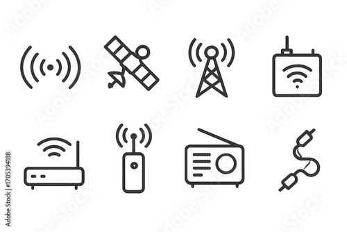 Signal Transmission Icons. Outline icon set of signal transmission: radio waves, satellite, antenna tower, signal booster, Wi-Fi