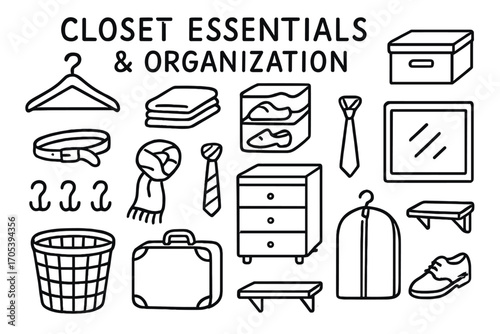 Closet Organization Essentials. Hand-drawn doodle illustration Closet essentials and organization hanger, folded clothes, shoe