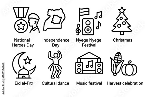 Ugandan Festival Icons. Outline icon set of Ugandan festivals: National Heroes Day, Independence Day, Nyege Nyege Festival,