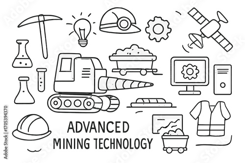 Mining Technology Icons. Hand-drawn doodle illustration Advanced mining technology drill machine, conveyor belt, computer,
