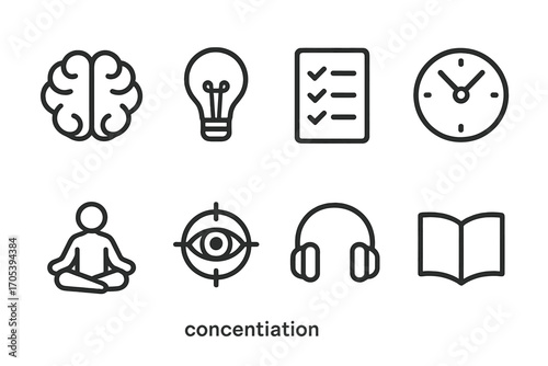 Concentration Symbols Icons. Outline icon set of concentration symbols: brain, light bulb, checklist, clock, meditation pose, eye