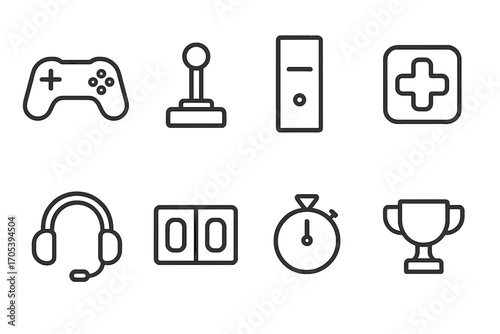 Gaming Control Icons. Outline icon set of control in gaming: game controller, joystick, console, button pad, headset, scoreboard,