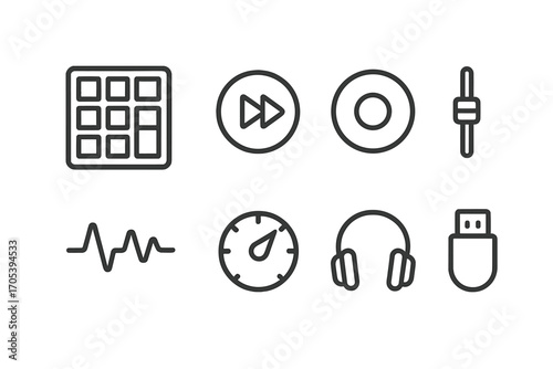Beat Production Icons. Outline icon set of beat production: drum pad, play/pause button, record light, volume slider, waveform,
