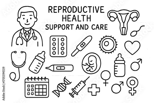 Reproductive Health Doodles. Hand-drawn doodle illustration Reproductive health support and care doctor stethoscope, uterus, sperm