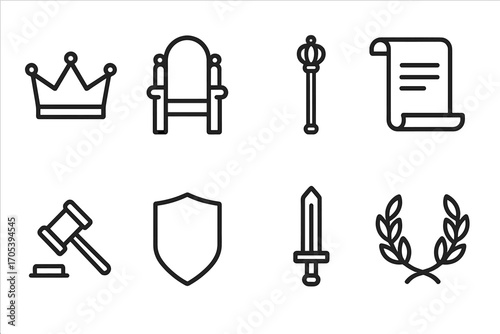 Medieval Court Icons. Outline icon set of medieval court: crown, throne, scepter, scroll, gavel, shield, sword, laurel wreath.