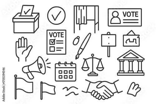 Election Doodle Icons. Hand-drawn doodle illustration election participation icons ballot box, checkmark, voting booth, voter ID