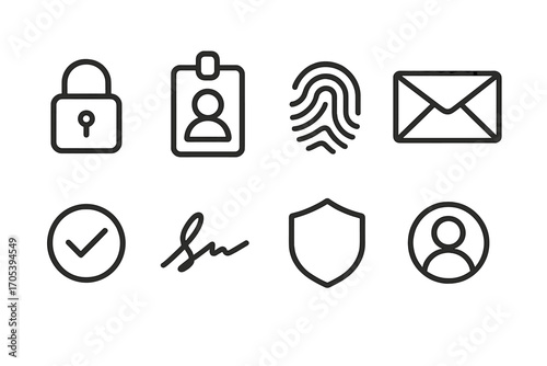 Mail Security Icons. Outline icon set of mail sender security: lock icon, ID badge, fingerprint, mail envelope, verified badge,