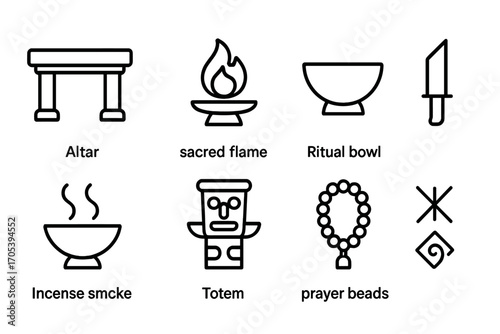 Ancient Ceremony Icons. Outline icon set of ancient ceremony: altar, sacred flame, ritual bowl, ceremonial knife, incense smoke,