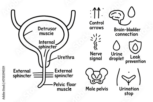 Bladder Control Diagram. Hand-drawn doodle illustration bladder sphincter bladder icon, urethra, internal sphincter, external