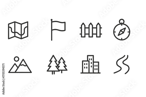 Territory Concept Icons. Outline icon set of territory concepts: map, flag, boundary fence, compass, mountain, forest, city
