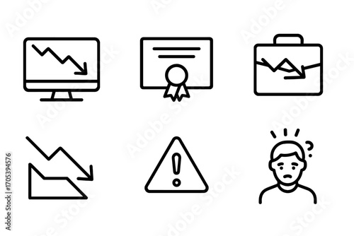 Investment Loss Icons. Outline icon set of investment loss: crashing stock chart, broken certificate, declining portfolio, empty