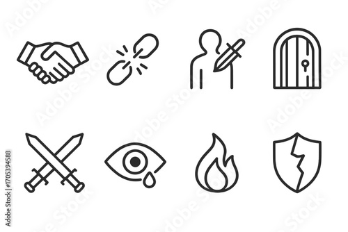 Ruthless Actions Icons. Outline icon set of ruthless actions: betrayal handshake, broken chain, backstab, locked door, crossed