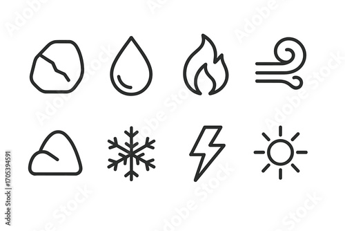 Nature Elements Icon Set. Outline icon set of natural elements: rock, water droplet, fire flame, wind swirl, earth mound, ice