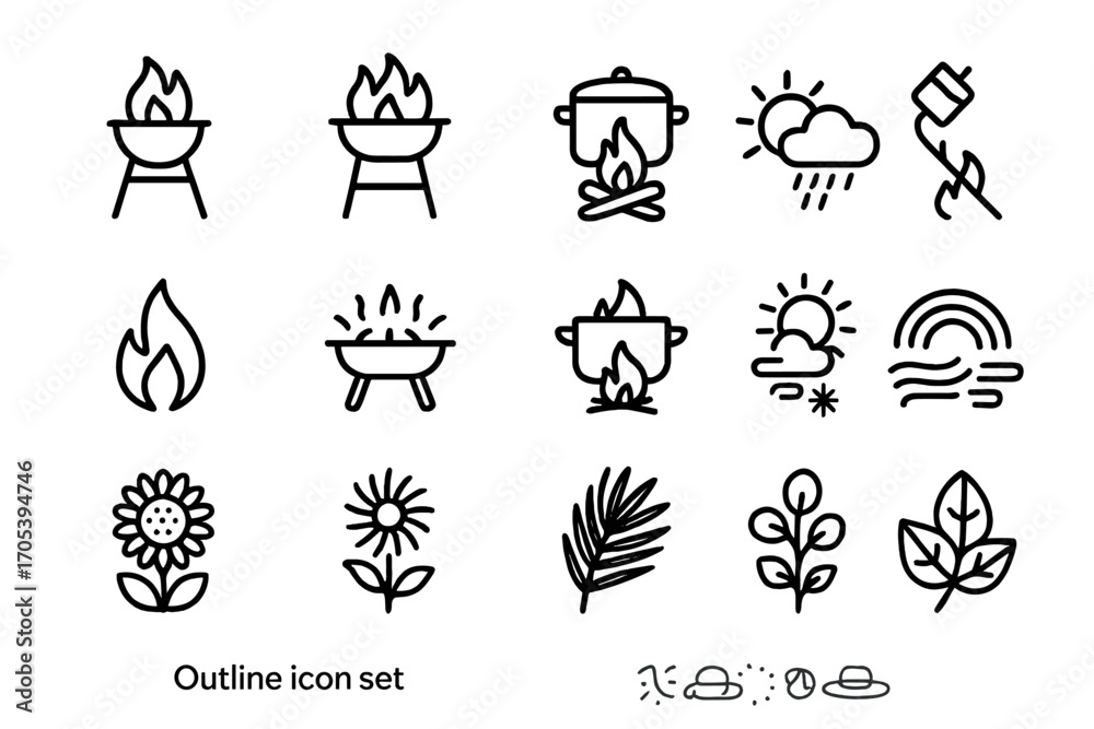 Fototapeta premium Outline Icon Grids. Outline icon set of cooking with fire: grill flame, barbecue, cooking fire, campfire cooking, open flame,