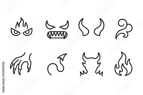 Demon Feature Icons. Outline icon set of demon features: fiery eyes, sharp teeth, horns, smoke breath, clawed hands, tail, spiked