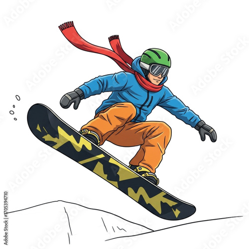 Snowboarder performing a jump on a snowy slope.