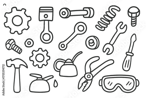 Mechanical Tool Doodles. Hand-drawn doodle illustration complex machinery parts cogwheel, piston, shaft, bolt, nut, gear, lever,
