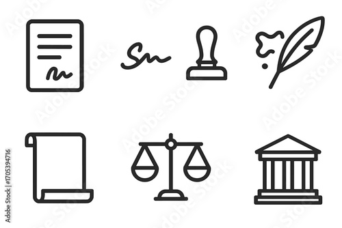 Decree Icon Set. Outline icon set of decree elements: document, signature, stamp, feather pen, ink blot, parchment roll, legal