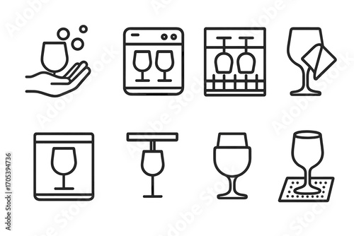 Glassware Care Icons. Outline icon set of glassware care: hand washing, dishwasher safe, drying rack, polishing cloth, storage box
