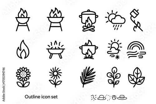 Outline Icon Grids. Outline icon set of cooking with fire: grill flame, barbecue, cooking fire, campfire cooking, open flame,