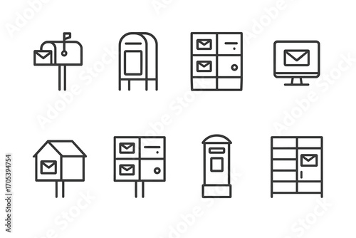 Mailbox Icon Collection. Outline icon set of mailbox types: rural mailbox, urban mailbox, apartment mailbox, digital mailbox, wall