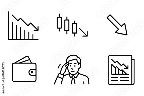 Stock Market Crash Icons. Outline icon set of stock crash: collapsing graph, falling candlestick, red arrow down, broken stock