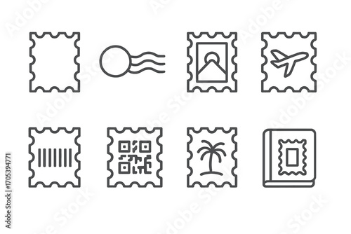 Postal Stamp Icons. Outline icon set of postal stamps: postage stamp, cancellation mark, vintage stamp, airmail stamp, barcode