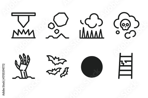 Catacomb Hazard Icons. Outline icon set of catacomb hazards: trap, falling rock, spike pit, poison gas, skeleton hand, bat swarm,