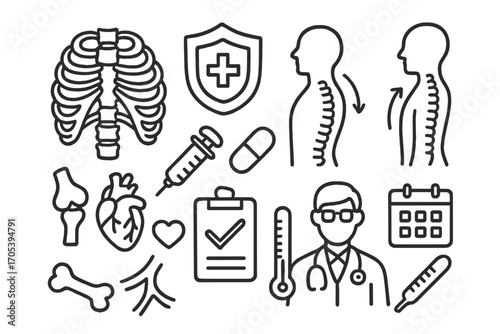 Rib Cage Health Icons. Hand-drawn doodle illustration rib cage protection and posture rib cage, shield, posture, spine, muscle,