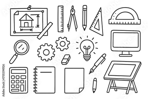 Engineering Tools Doodle. Hand-drawn doodle illustration engineering drawing draft blueprint, ruler, compass, pencil, protractor,
