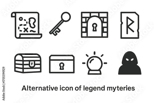 Legend Mysteries Icons. Outline icon set of legend mysteries: ancient map, hidden key, secret door, mysterious rune, treasure