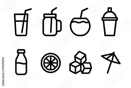 Juice Icon Set. Outline icon set of juice serving styles: glass with straw, mason jar, coconut cup, takeaway cup, bottle with cap,