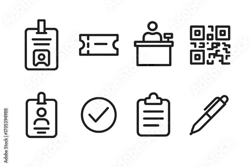 Conference Badge Icons. Outline icon set of conference badges and registration: badge, ticket, registration desk, QR code, name