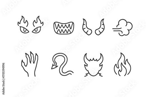 Demon Feature Icons. Outline icon set of demon features: fiery eyes, sharp teeth, horns, smoke breath, clawed hands, tail, spiked