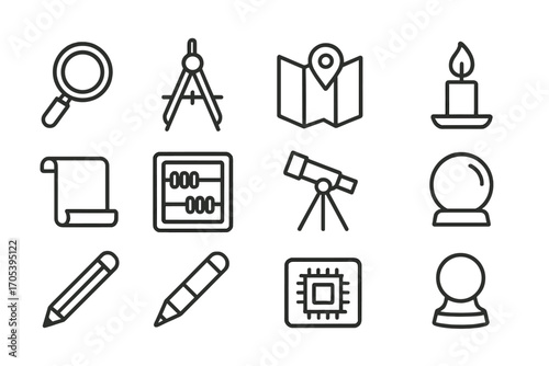 Outline Icon Collection. Outline icon set of wisdom tools: magnifying glass, compass, map, candle, scroll, abacus, telescope,