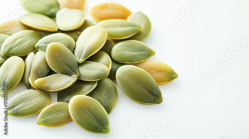 A collection of assorted pumpkin seeds scattered on a white surface, emphasizing their variety and health benefits