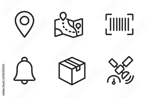 Tracking App Icons. Outline icon set of tracking app: GPS location pin, route map, delivery truck, barcode scanner, notification