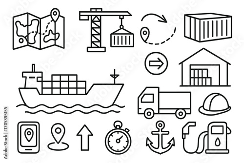 Shipping Logistics Icons. Hand-drawn doodle illustration shipping route cargo ship, container, map, compass, route line, crane,