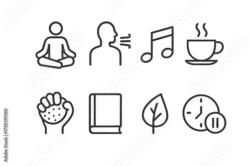 Stress Management Icons. Outline icon set of stress management tools: yoga pose, breathing exercise, music note, tea cup, stress