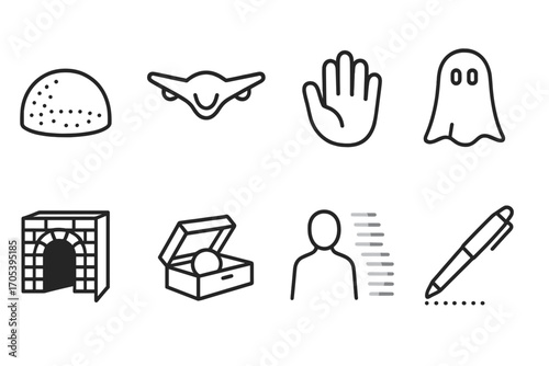 Invisible Icons Collection. Outline icon set of hidden and invisible: transparent dome, stealth drone, ghost hand, hidden