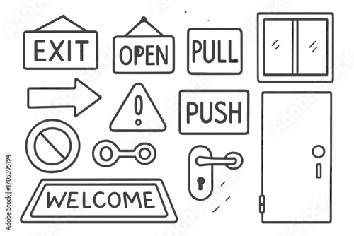 Door Sign Doodles. Hand-drawn doodle illustration door sign exit sign, open sign, closed sign, push sign, pull sign, warning sign,