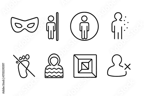 Invisibility Icon Set. Outline icon set of invisibility concepts: stealth mask, invisible barrier, transparent bubble, fading
