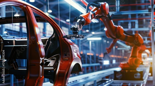 Advanced Automotive Manufacturing Robots at Work on a Modern Assembly Line, Precisely Welding, Bolting, and Assembling Car Components to Boost Efficiency, Ensure Quality, and Drive the Future of Autom