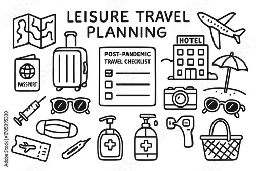Travel Essentials Doodle. Hand-drawn doodle illustration Leisure travel planning post-pandemic travel checklist, map, suitcase,